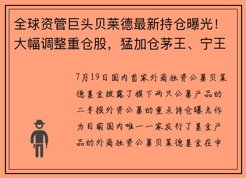 全球资管巨头贝莱德最新持仓曝光！大幅调整重仓股，猛加仓茅王、宁王，减仓银行和电子 